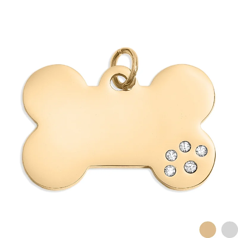 18K Gold PVD Blank Stainless Steel Dog Bone with CZ Stone Paw Pet Tag / PDL0169