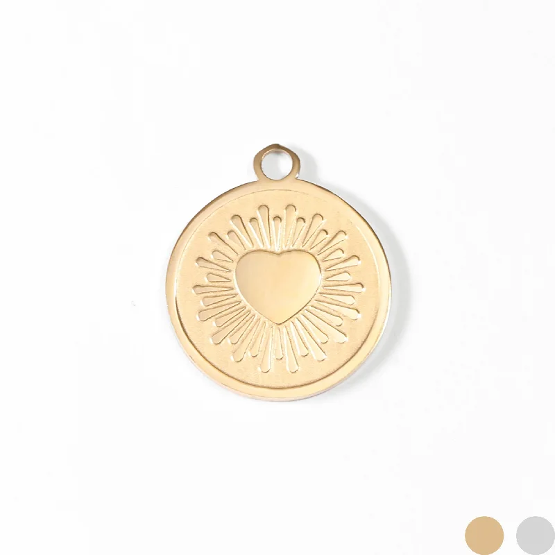 18K Gold PVD Stainless Steel Circle Heart Sun Ray Charm / PDL0065