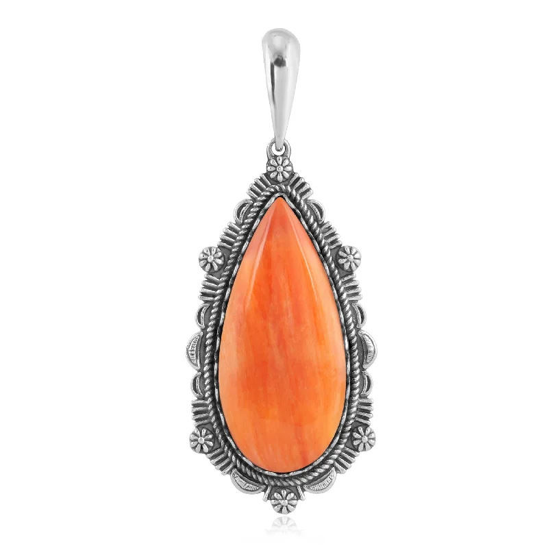 EXCLUSIVELY OURS! Sterling Silver Orange Spiny Oyster Teardrop Bordered Design Pendant Enhancer