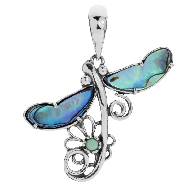 Sterling Silver Abalone Shell and Green Variscite Fritz Casuse Dragonfly Pendant Enhancer