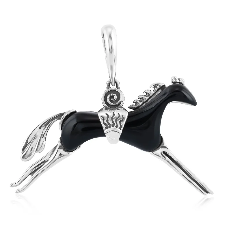 Sterling Silver Black Agate Running Horse Pendant Enhancer