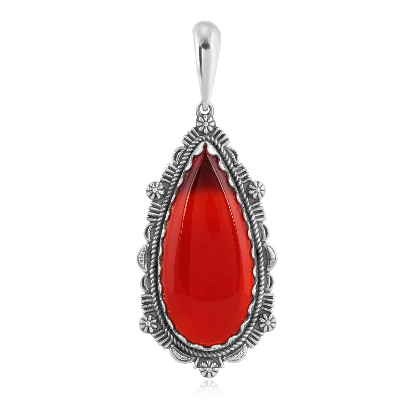 Sterling Silver Red Onyx Teardrop Bordered Design Pendant Enhancer