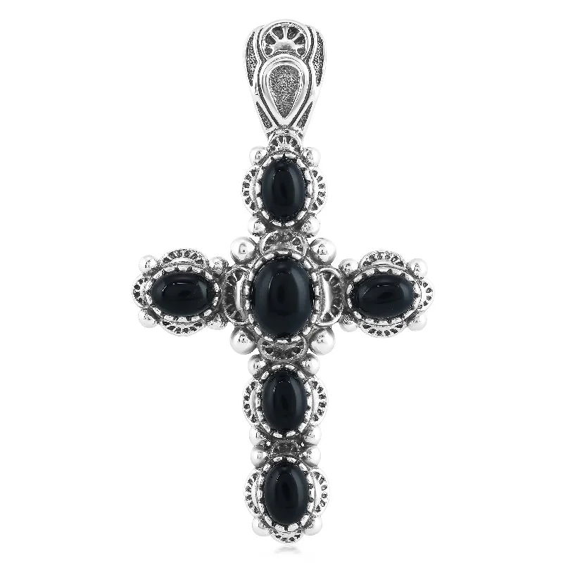 EXCLUSIVELY OURS! Sterling Silver with Black Agate Gemstone Cross Design Women's Pendant Enhancer