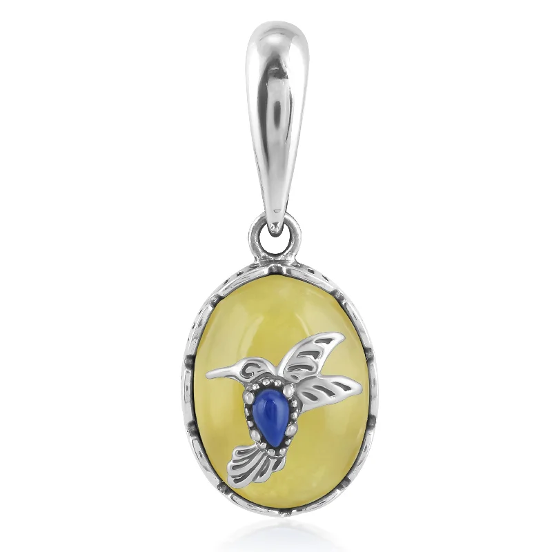 Sterling Silver Yellow Quartz and Lapis Gemstone Hummingbird Pendant Enhancer