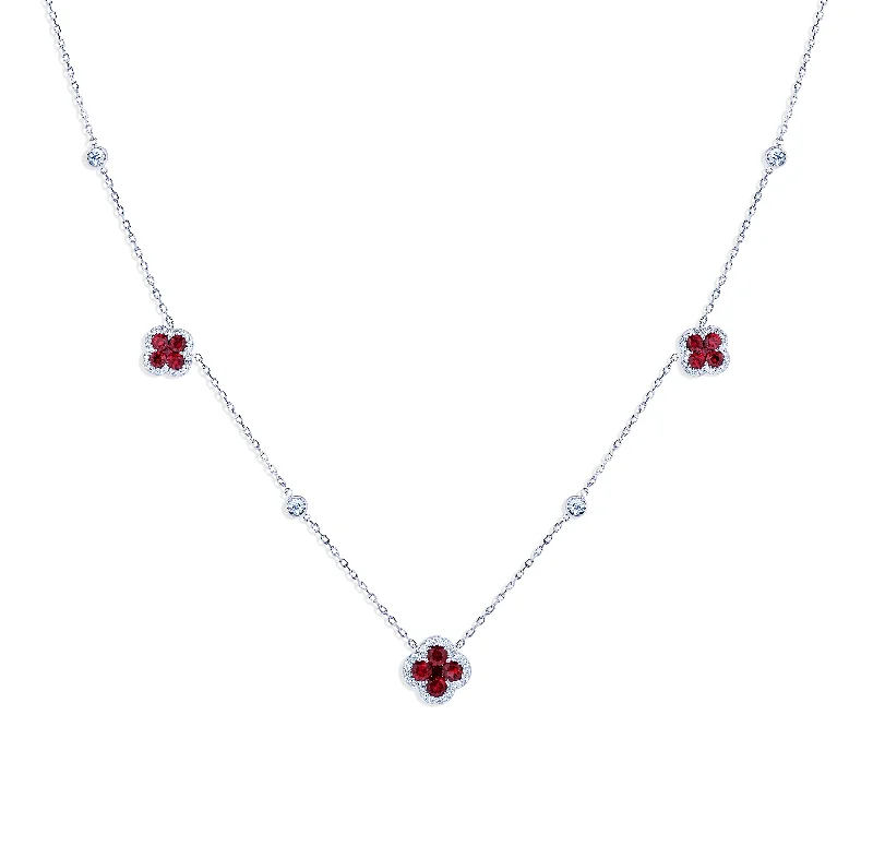 Sabel Collection White Gold Ruby and Diamond Flower Station Necklace