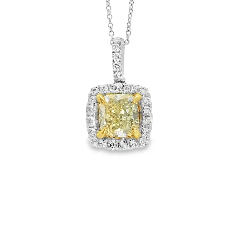 White and Yellow Gold Fancy Yellow Diamond Halo Pendant