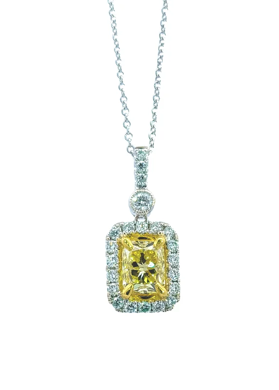 White and Yellow Gold Fancy Yellow Diamond Halo Pendant