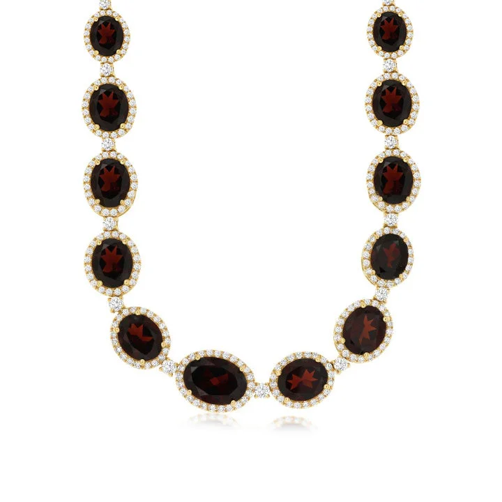 Sabel Collection Yellow Gold Garnet and Diamond Halo Necklace