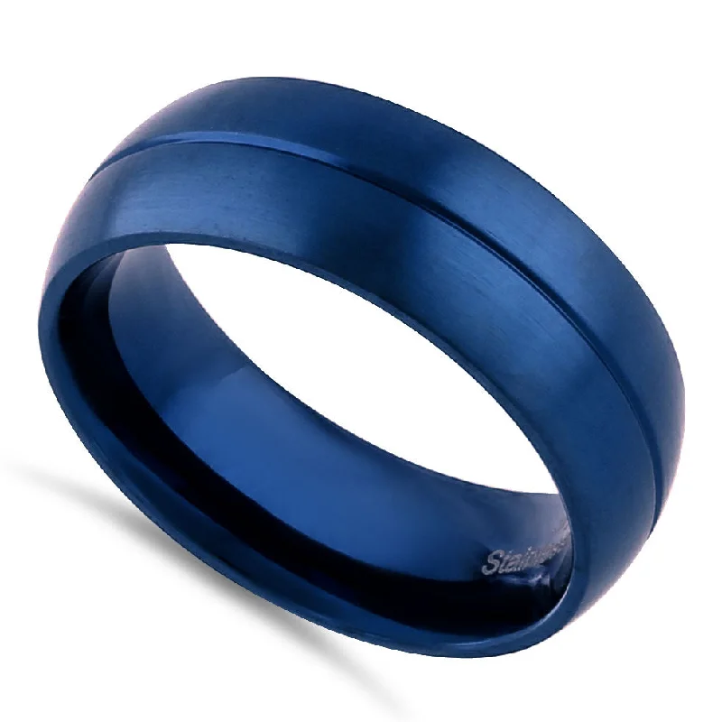 Blue Stainless Steel Blue Plated Groove Band Ring