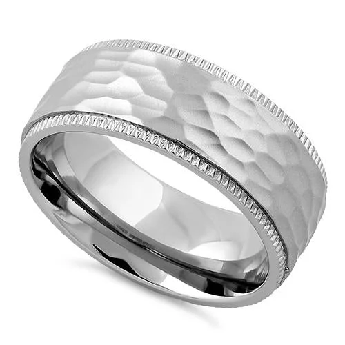 Stainless Steel Coin Edged Hammered Band Ring