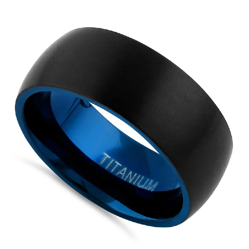 Titanium Black and Blue 8mm Brushed Band Ring