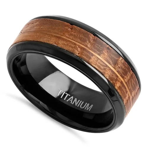 Titanium Black and Whisky Barrel Wood 8mm Band Ring