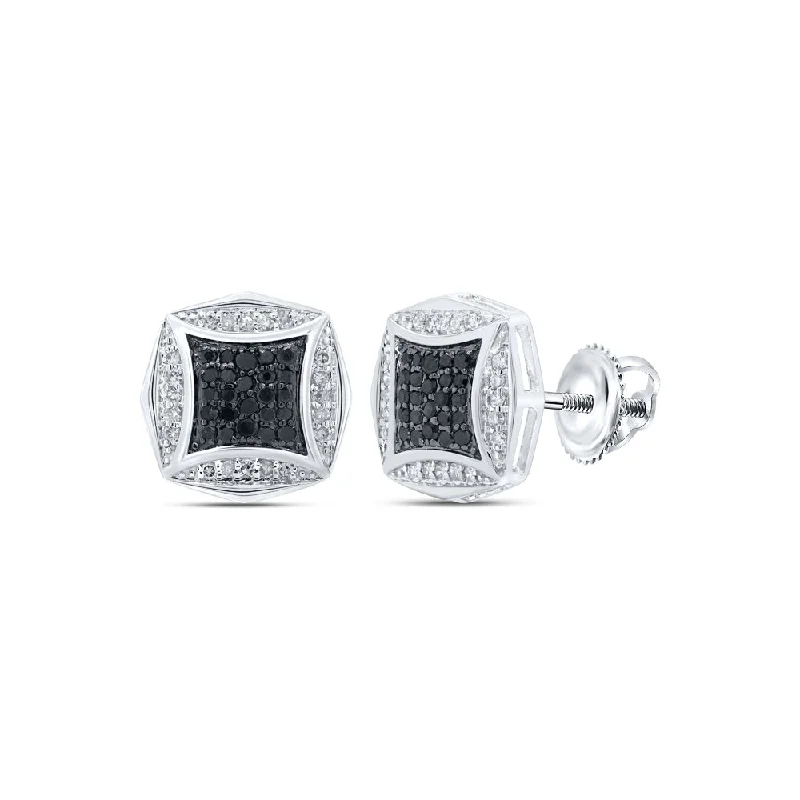 10kt White Gold Round Black Color Enhanced Diamond Square Earrings 1/4 Cttw