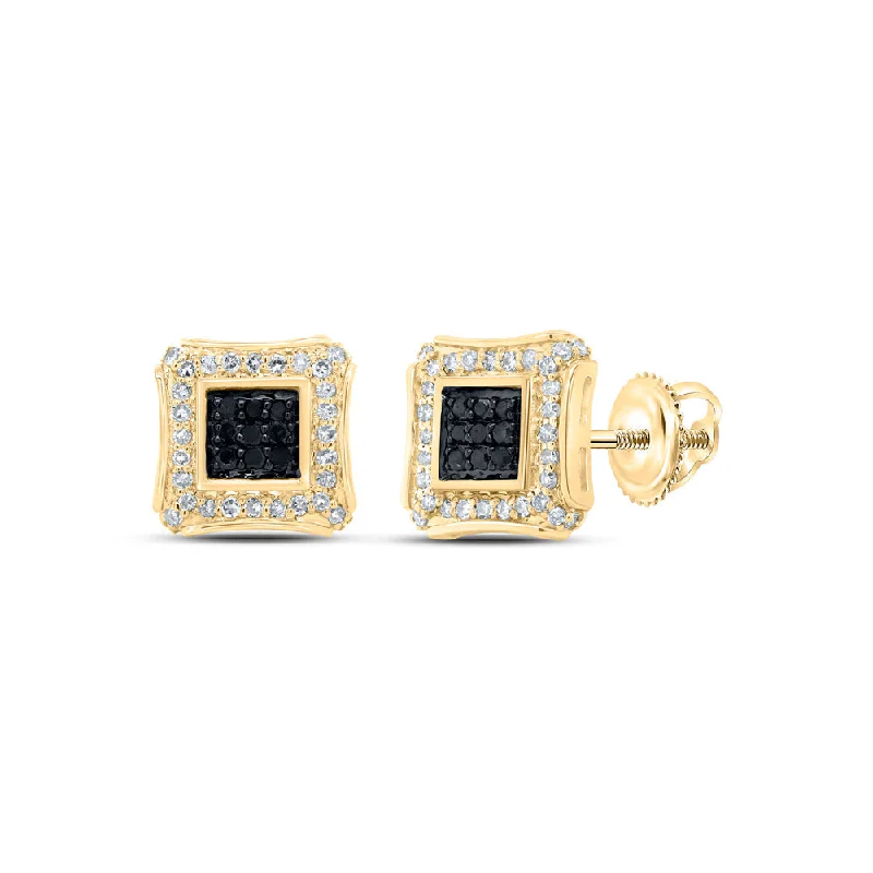 10kt Yellow Gold Round Black Color Treated Diamond Square Earrings 1/4 Cttw