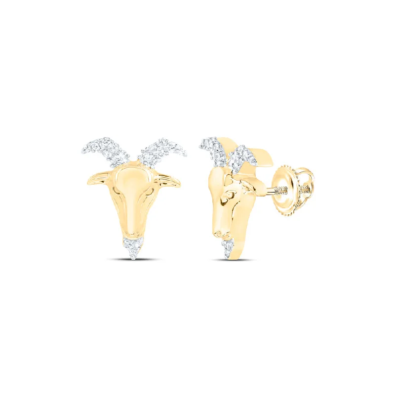 10kt Yellow Gold Round Diamond Zodiac Aries Goat Stud Earrings 1/10 Cttw