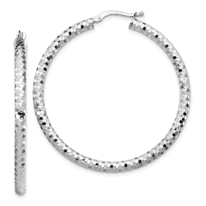 14KT White Gold 35X3MM Diamond-cut Hoop Earrings