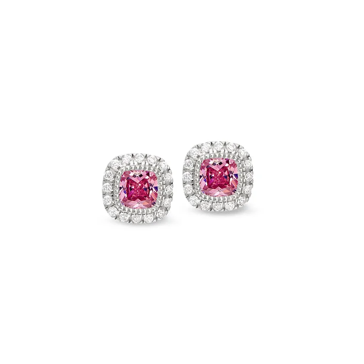 Platinum Finish Sterling Silver Micropave Simulated Pink Sapphire Earrings with Simulated Diamonds