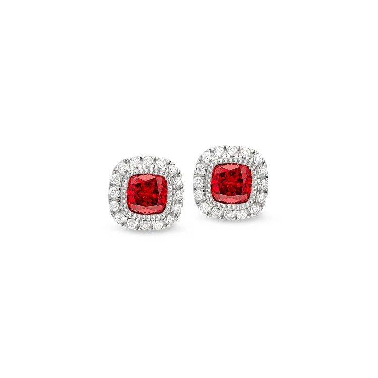 Platinum Finish Sterling Silver Micropave Simulated Garnet Earrings with Simulated Diamonds