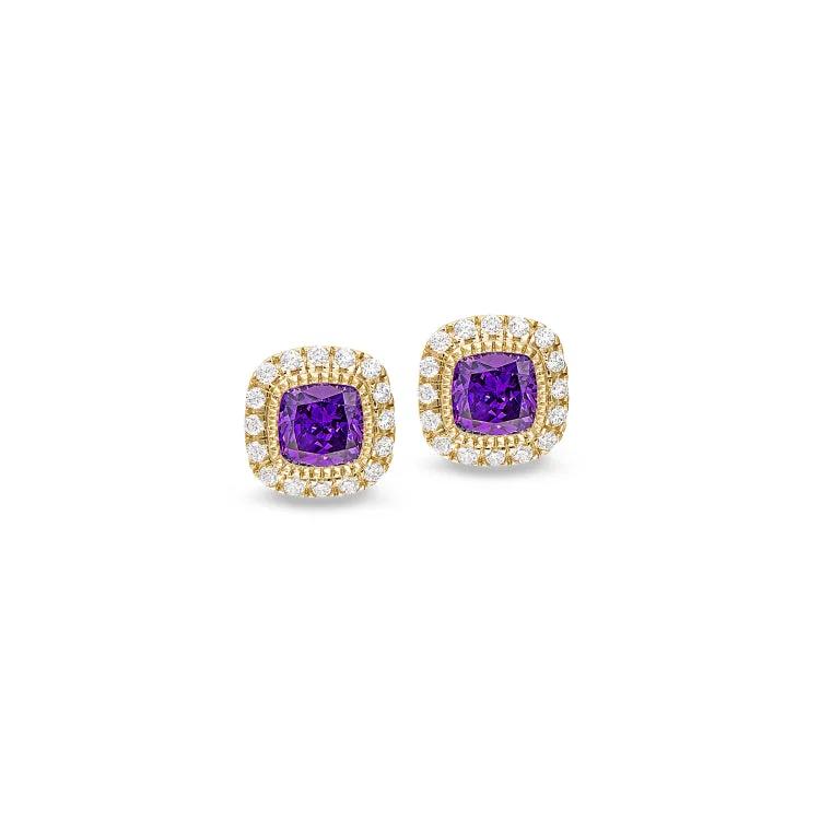 Gold Finish Sterling Silver Micropave Simulated Amethyst Earrings with Simulated Diamonds