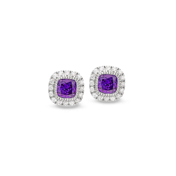 Platinum Finish Sterling Silver Micropave Simulated Amethyst Earrings with Simulated Diamonds