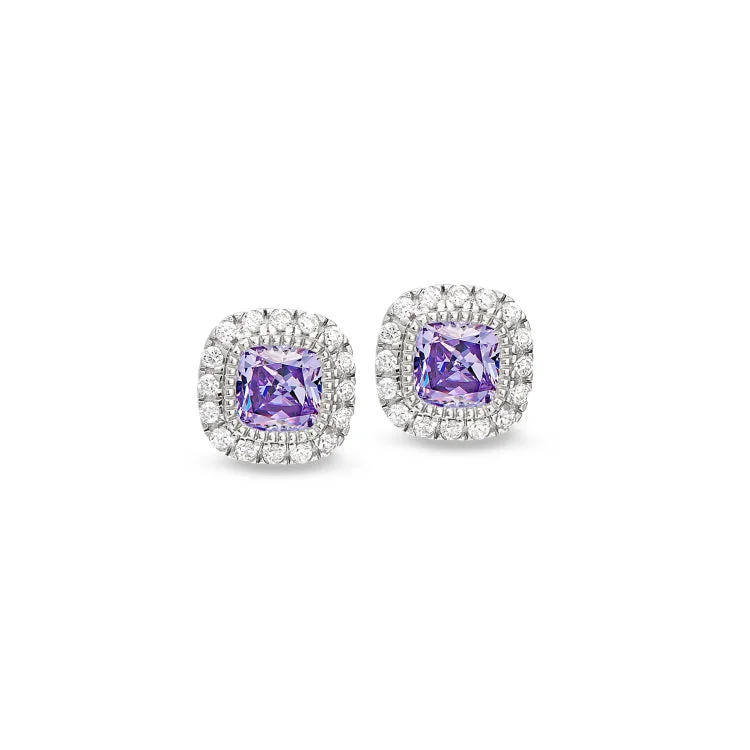 Platinum Finish Sterling Silver Micropave Simulated Light Amethyst Earrings with Simulated Diamonds