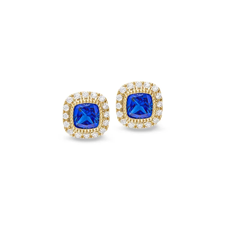 Gold Finish Sterling Silver Micropave Simulated Blue Sapphire Earrings with Simulated Diamonds