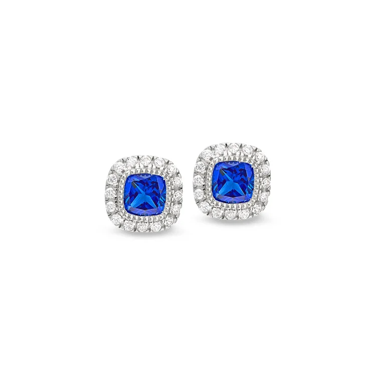 Platinum Finish Sterling Silver Micropave Simulated Blue Sapphire Earrings with Simulated Diamonds