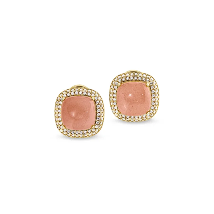 Gold Finish Sterling Silver Micropave Peach Quartz Earrings with Simulated Diamonds