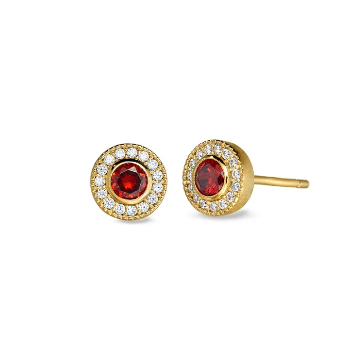 Gold Finish Sterling Silver Micropave Round Simulated Garnet Earrings with Simulated Diamonds