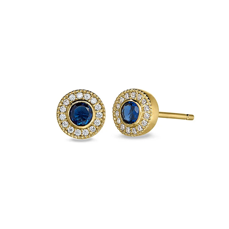 Gold Finish Sterling Silver Micropave Round Simulated Sapphire Earrings with Simulated Diamonds