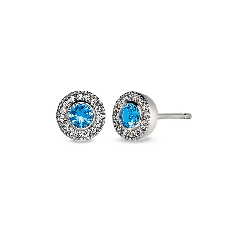 Platinum Finish Sterling Silver Micropave Round Simulated Blue Topaz Earrings with Simulated Diamonds