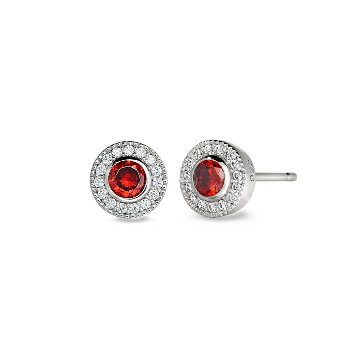 Platinum Finish Sterling Silver Micropave Round Simulated Garnet Earrings with Simulated Diamonds