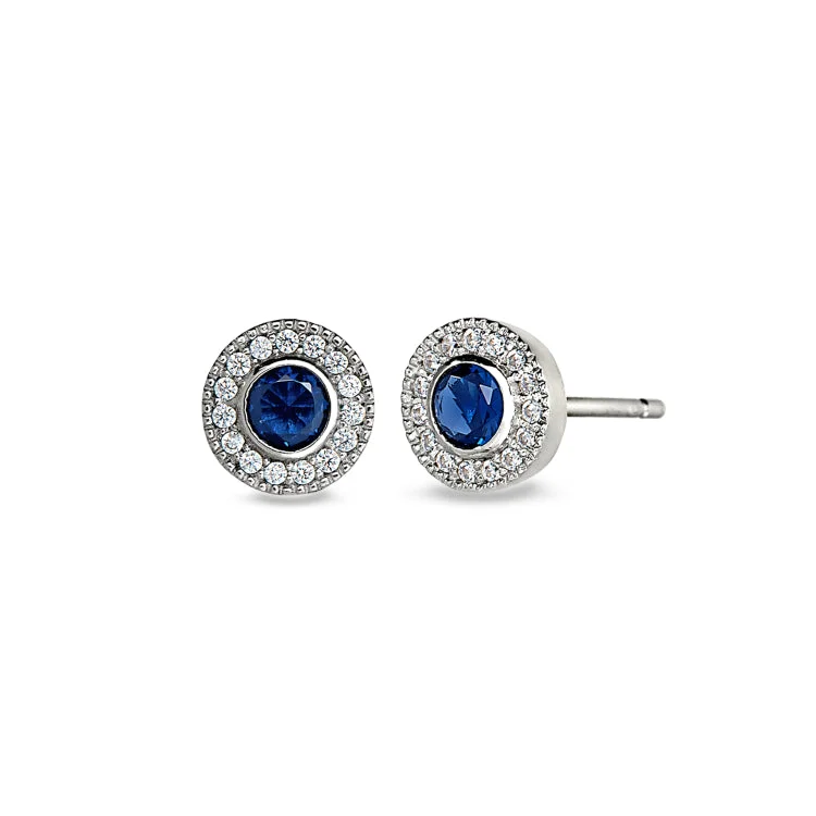 Platinum Finish Sterling Silver Micropave Round Simulated Sapphire Earrings with Simulated Diamonds