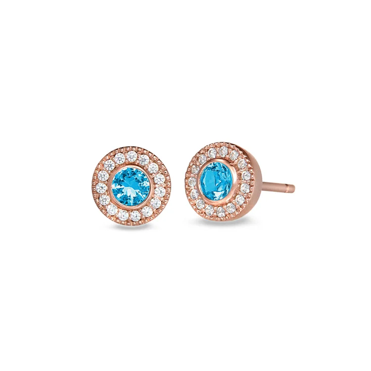 Rose Gold Finish Sterling Silver Micropave Round Simulated Blue Topaz Earrings with Simulated Diamonds