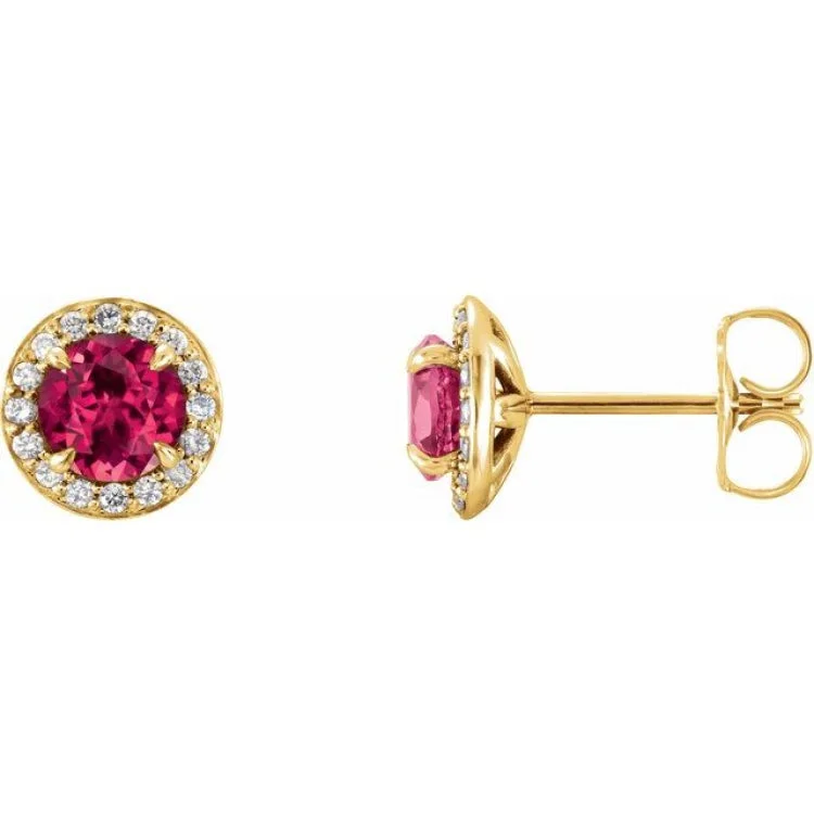 14K Yellow 4 mm Lab-Grown Ruby & 1/10 CTW Natural Diamond Earrings