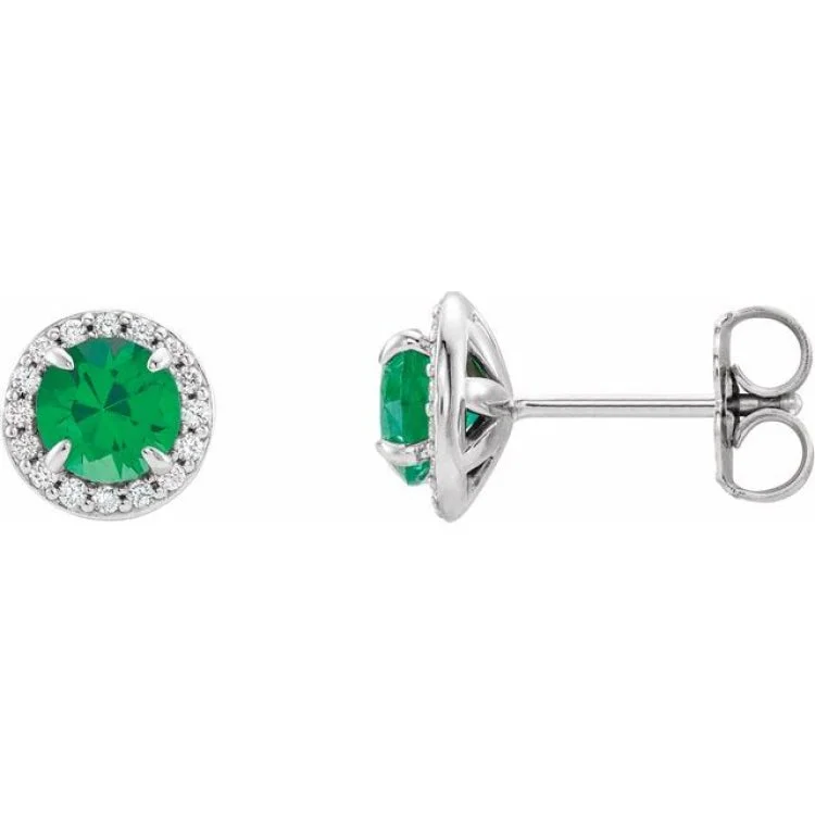 14K White 4.5 mm Natural Emerald & 1/6 CTW Natural Diamond Earrings