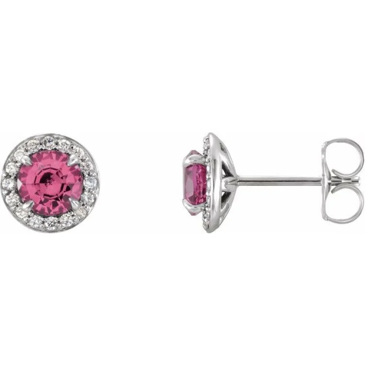 14K White 4.5 mm Natural Pink Tourmaline & 1/6 CTW Natural Diamond Earrings