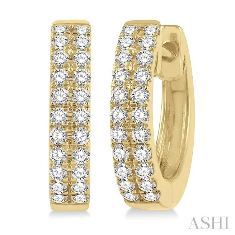 1/3 Ctw Twin Row Round Cut Diamond Petite Fashion Huggie Earrings in 14K Yellow Gold