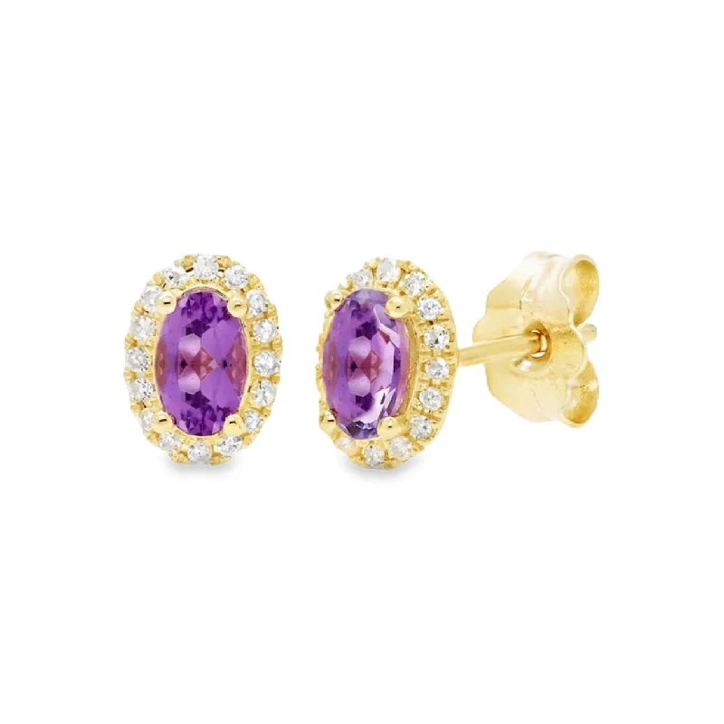 Yellow Gold Amethyst and Diamond Halo Stud Earrings