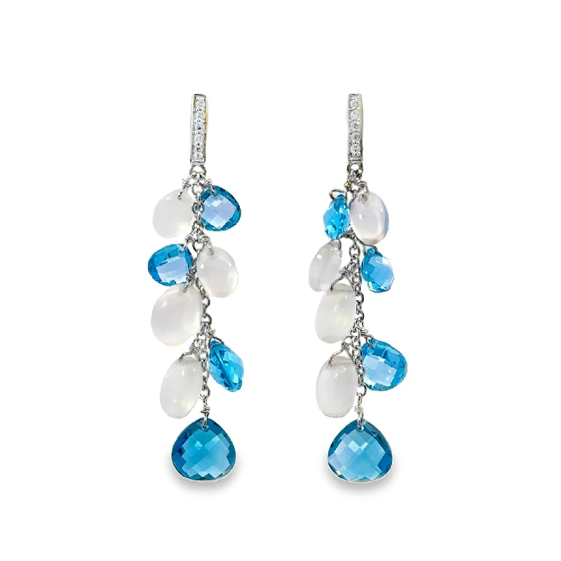 White Gold Blue Topaz, Quartz and Diamond Dangle Earrings