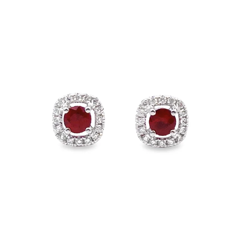 White Gold Ruby and Diamond Halo Stud Earrings