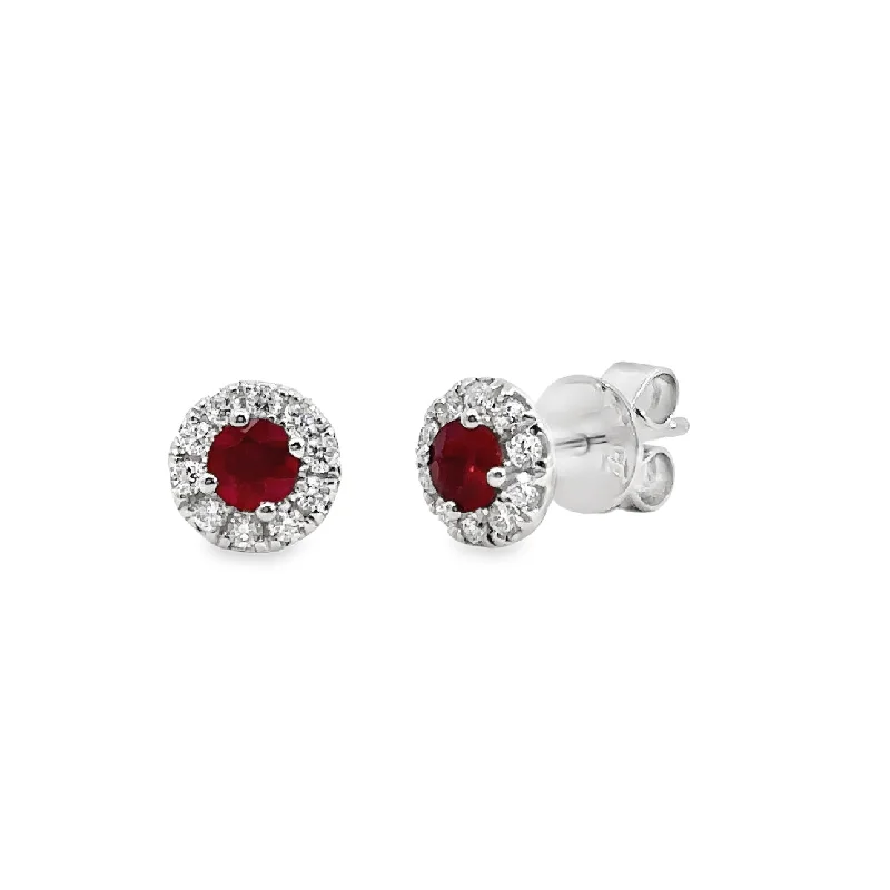 White Gold Ruby and Diamond Halo Stud Earrings