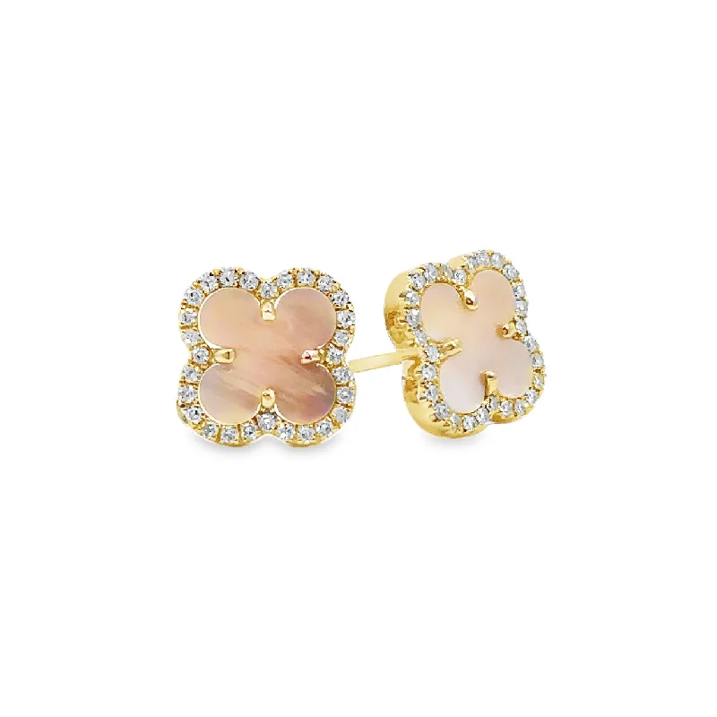 Yellow Gold Diamond and Mother Of Pearl Stud Earrings