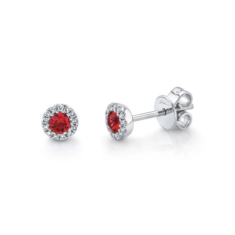 Shy Creation White Gold Ruby and Diamond Halo Stud Earrings