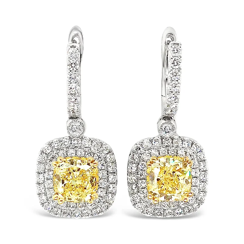 White/Yellow Gold Fancy Yellow Diamond Halo Drop Earrings