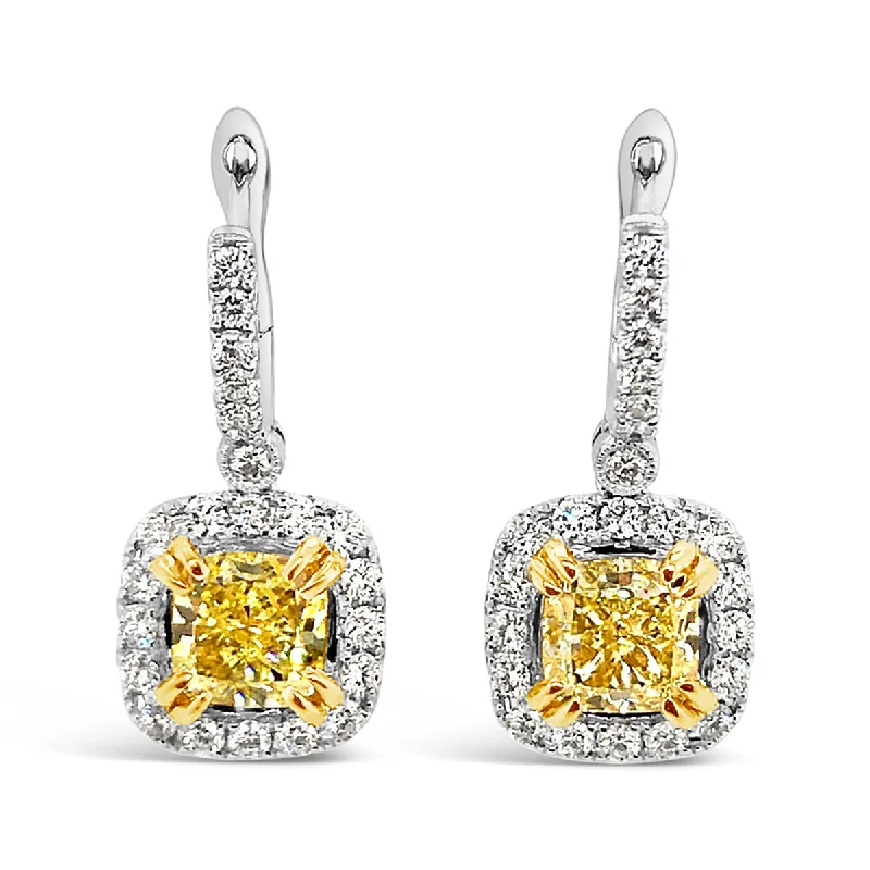 White/Yellow Gold Fancy Yellow Diamond Halo Drop Earrings