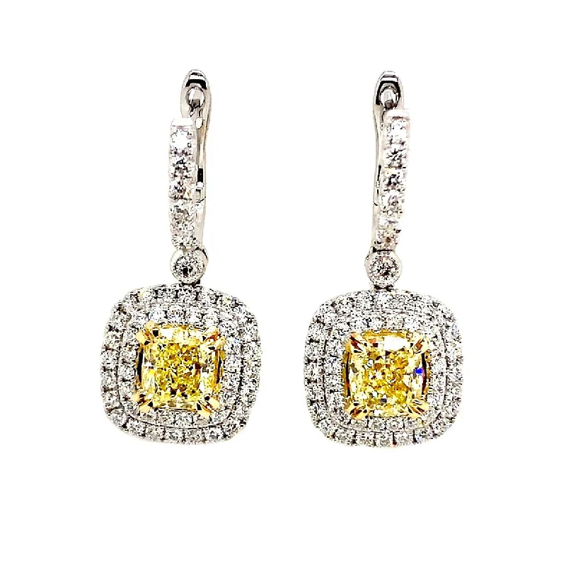 White/Yellow Gold Fancy Yellow Diamond Halo Drop Earrings