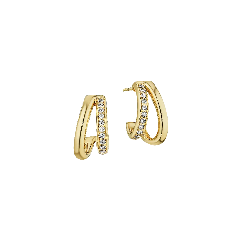 Sabel Collection Yellow Gold Two Row J Hoop Earrings with Diamonds