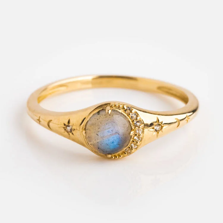 Solid Gold Lunar Labradorite Signet Ring